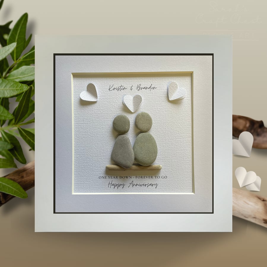 Unique 1st Wedding Anniversary Personalised Gift. Couple Pebble Art.