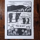 Belted Galloway Cows in the Lake District - Original A5 lino print