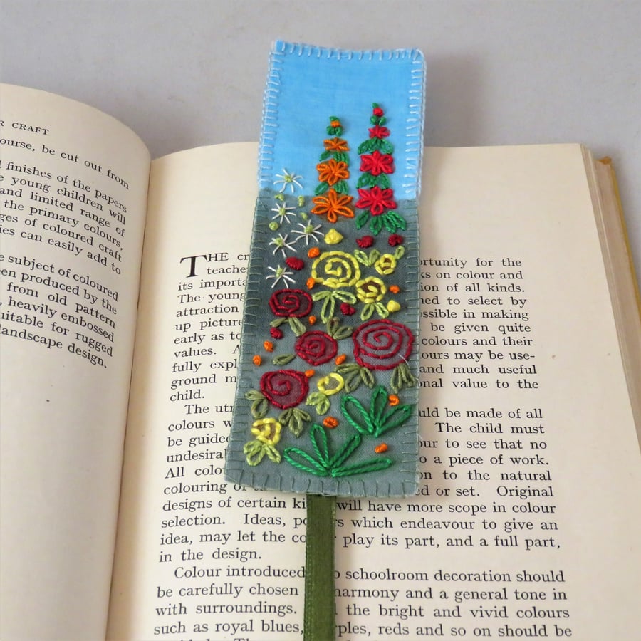 Garden Bookmark - embroidered and painted - red and yellow roses