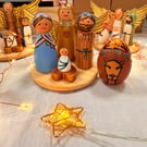 Fun Scandi style nativity set. Wooden peg doll Nativity scene in purple.