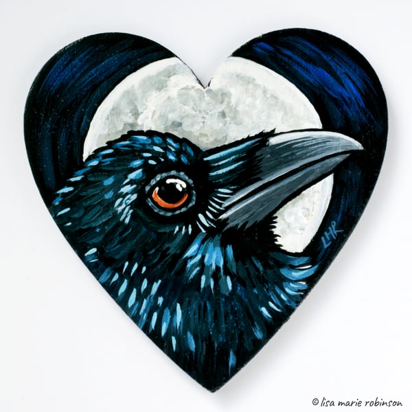 Raven Crow Gothic Moon - Hand Painted Magnetic Heart Art Fridge Magnet