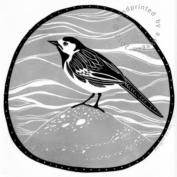 Original lino cut print Pied Wagtail