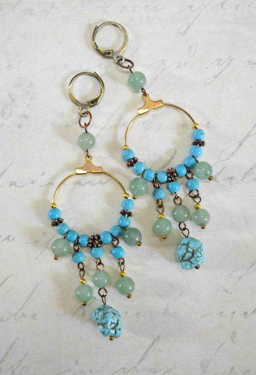 "Cleopatra" Turquoise and Aventurine Gemstone Beaded Hoop Earrings