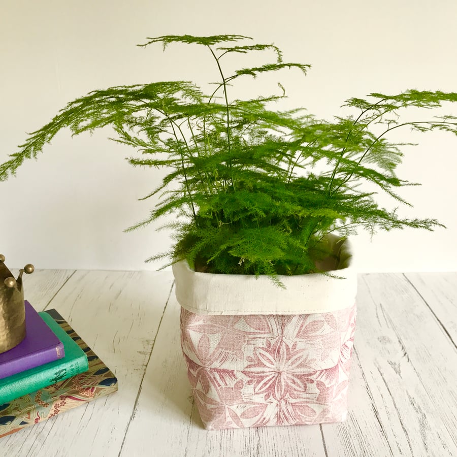 Hand Printed Linen Storage Basket, Textile Basket, Plant Pot - Rose Pink