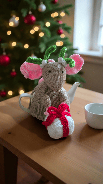 Christmas mistletoe mouse tea cosy 