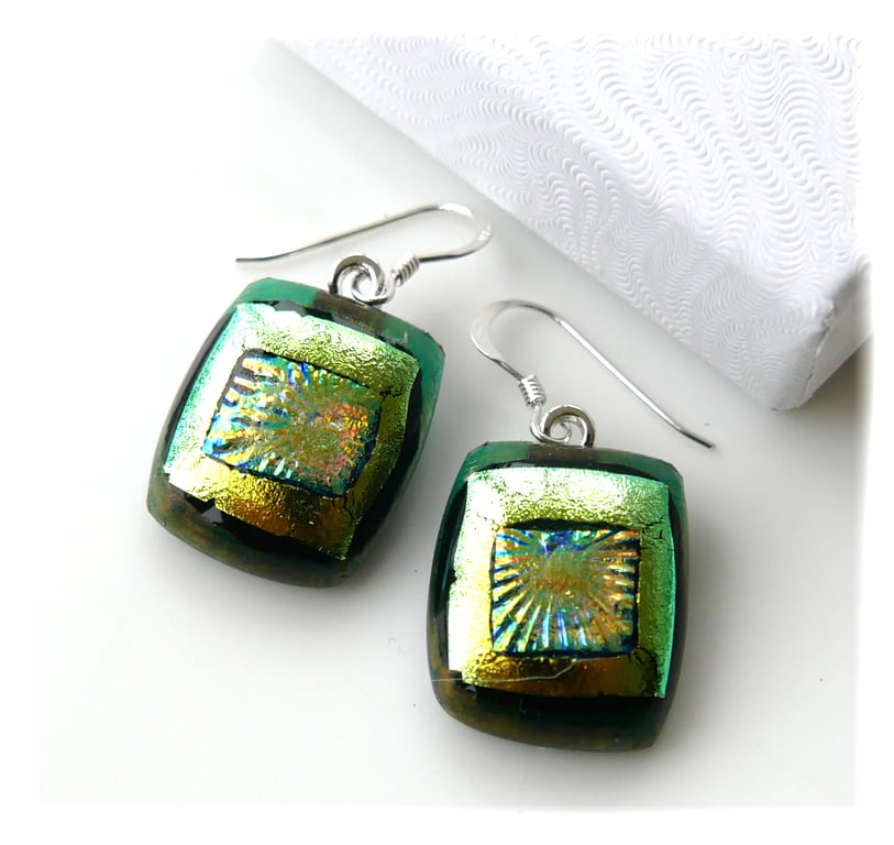 Dichroic Glass Earrings 309 Green Gold Handmade Fused 