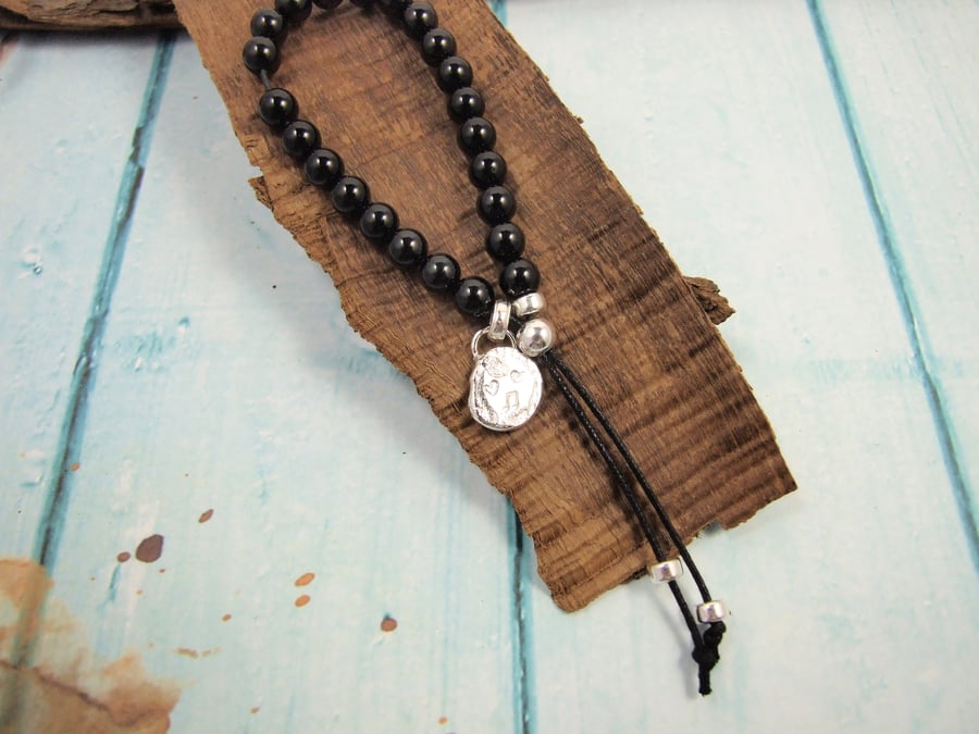 Black Onyx Bracelet, Recycled Silver Nugget Charm with Music Note