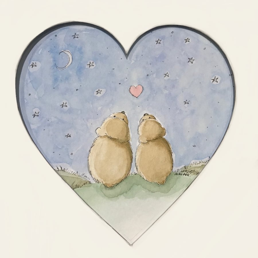 Original Painting Bears on a hill Valentines watercolour by Jo Roper