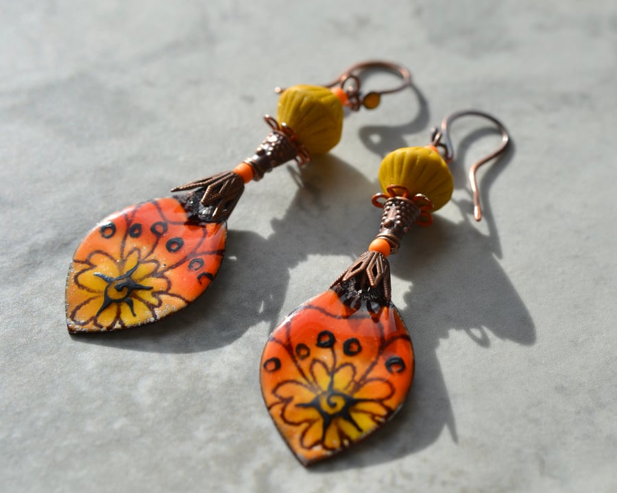 Hot orange and yellow earrings with artisan enamels
