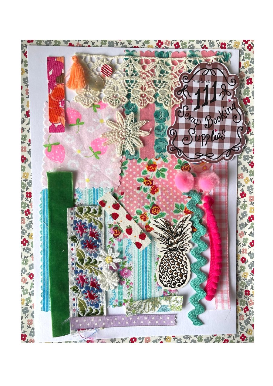 Scrapbooking kit, supplies bundle, fabric, trims, journalling accessories pinks