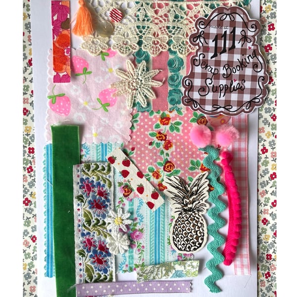 Scrapbooking kit, supplies bundle, fabric, trims, journalling accessories pinks