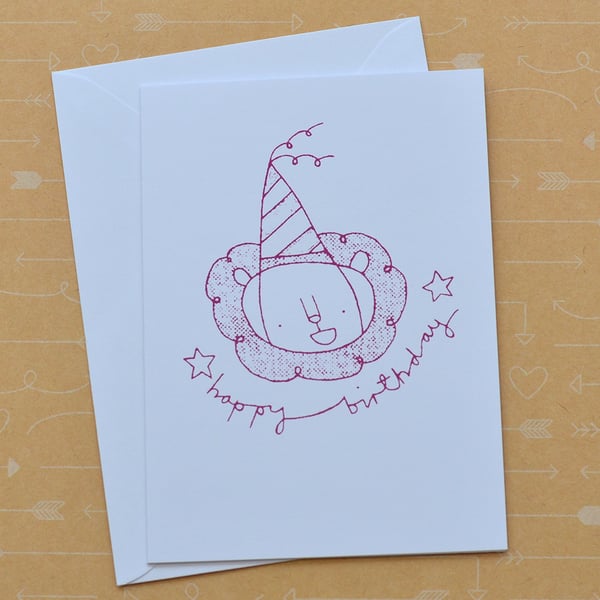 Party Hat Lion - Hand Screen Printed Happy Birthday Card