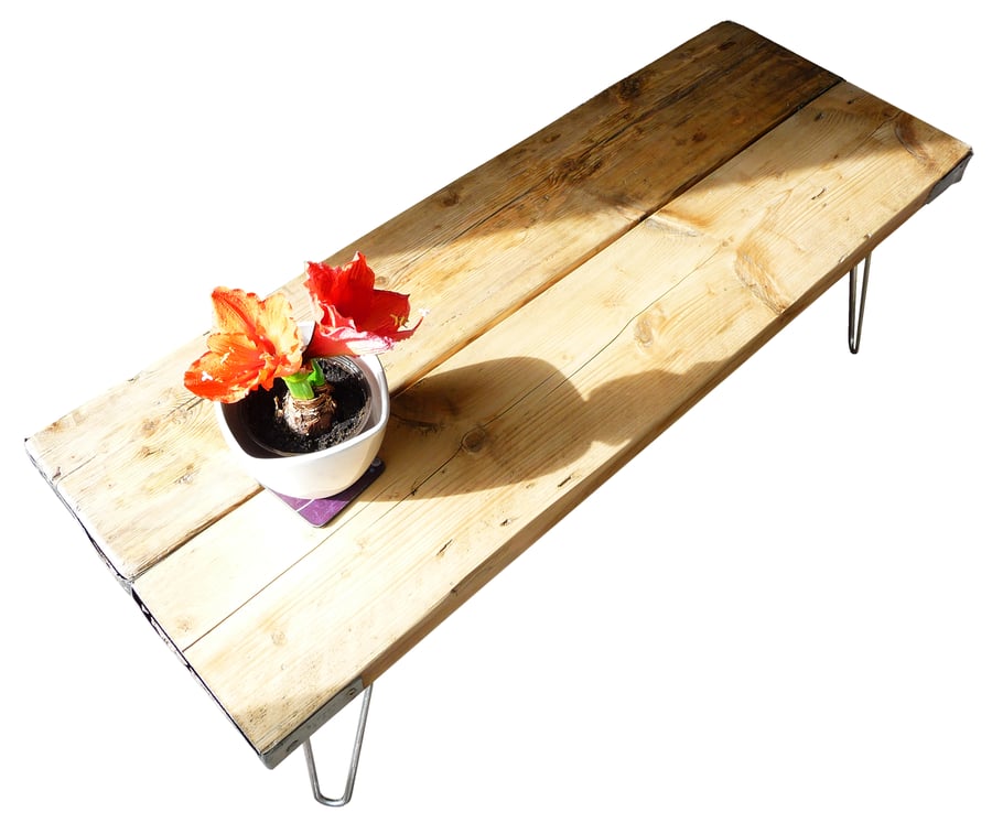 Vintage Industrial Reclaimed Scaffold Board Coffee Table with Hairpin Legs