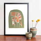 Scandi Mummy and Baby Bird in Olive and Orange - A3