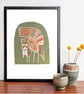 Scandi Mummy and Baby Bird in Olive and Orange - A3