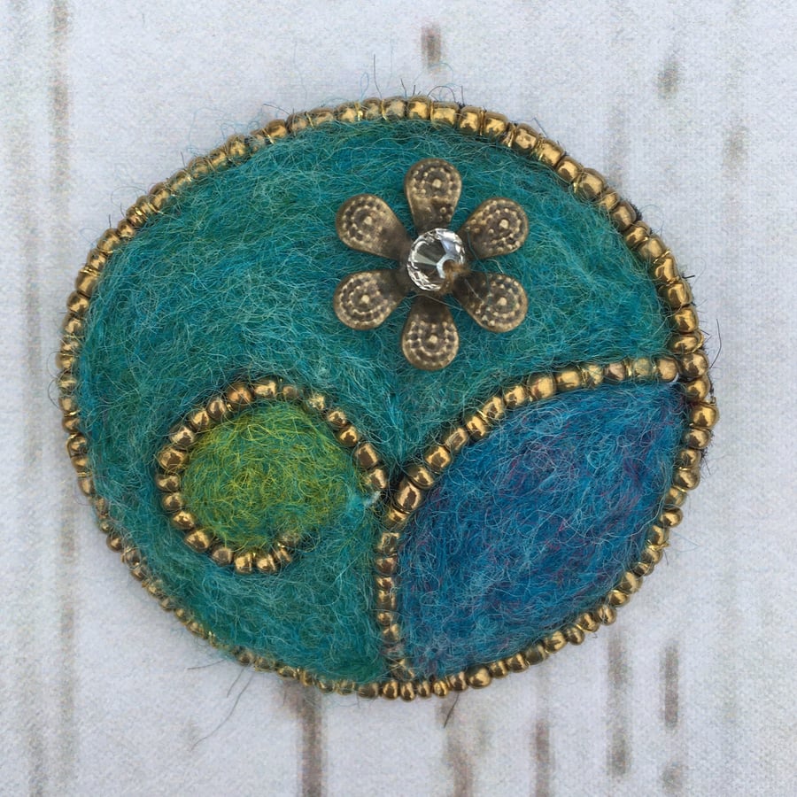 Needle felted, beaded floral brooch