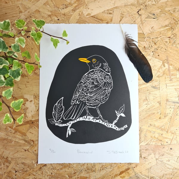 Black Bird Hand printed, original lino print A4 black ink on Paper