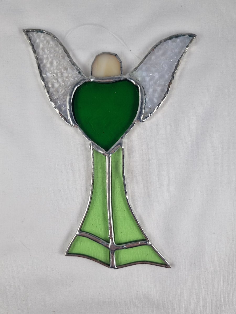 563 Stained Glass Large green heart Angel - handmade hanging decoration.