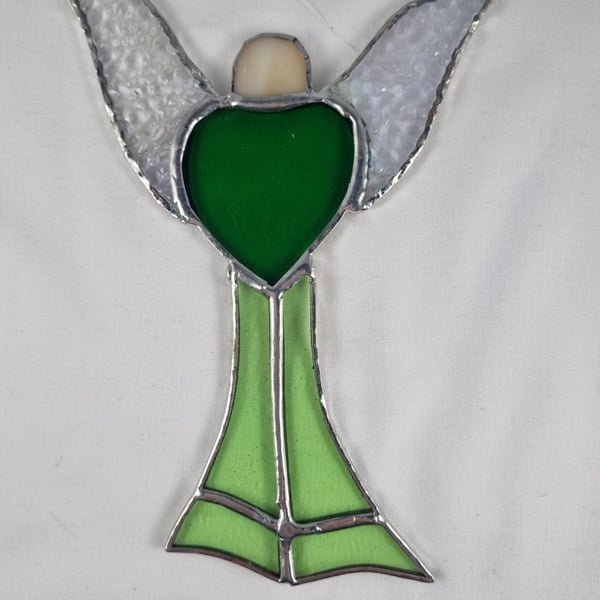 563 Stained Glass Large green heart Angel - handmade hanging decoration.