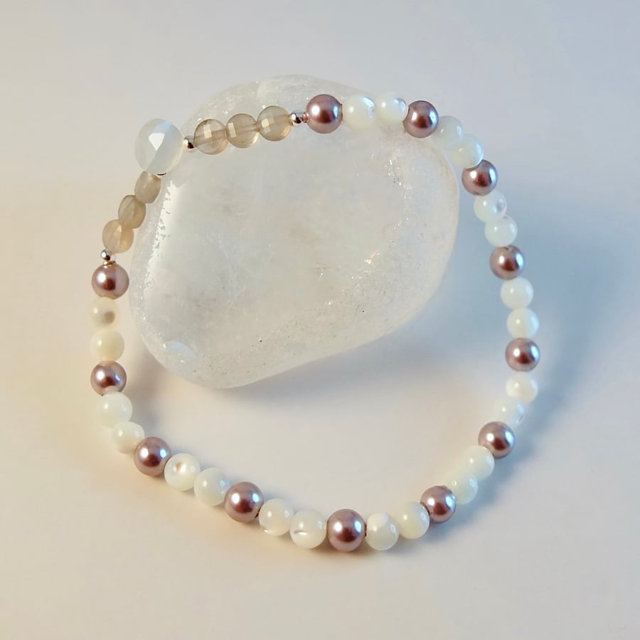 Moonstone, Mother of Pearl And Shell Pearl Bracelet - Handmade In Devon