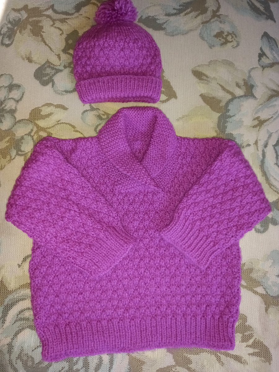 Shawl collar sweater and hat ages 1 to 3yrs