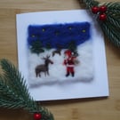 Needle felted Father christmas and reindeer christmas greetings card
