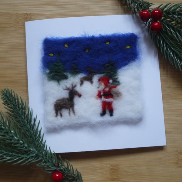 Needle felted Father christmas and reindeer christmas greetings card