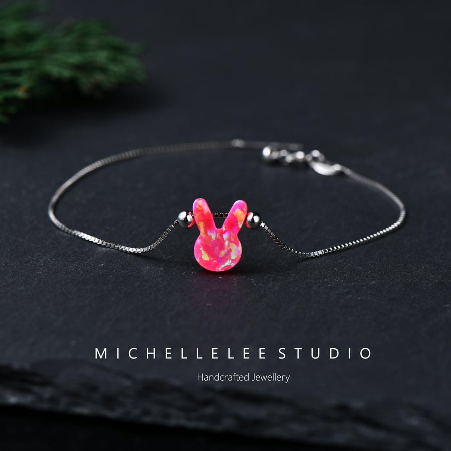 Pink Opal Rabbit Bracelet With 925 Sterling Silver Chain