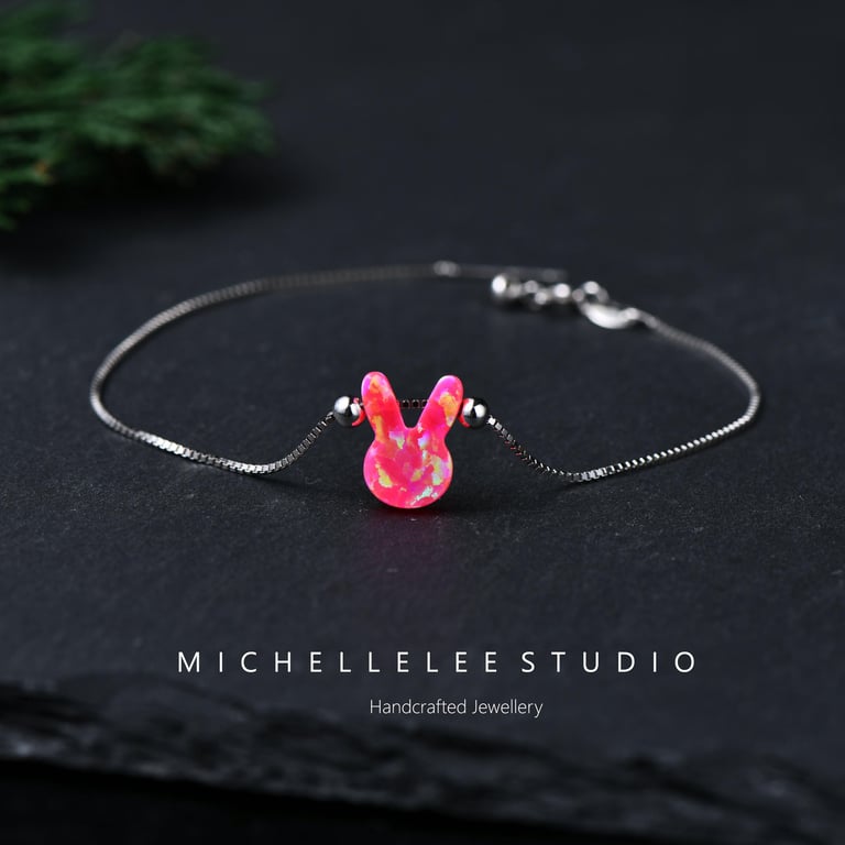 Pink Opal Rabbit Bracelet With 925 Sterling Silver Chain
