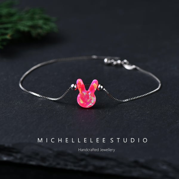 Pink Opal Rabbit Bracelet With 925 Sterling Silver Chain