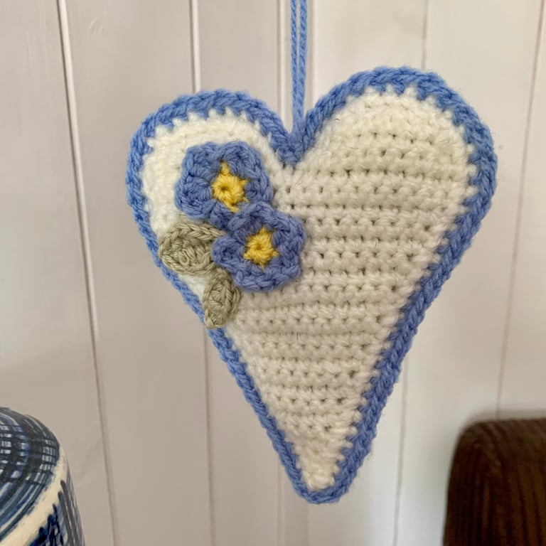 Crochet hanging heart, forget-me-not heart decoration