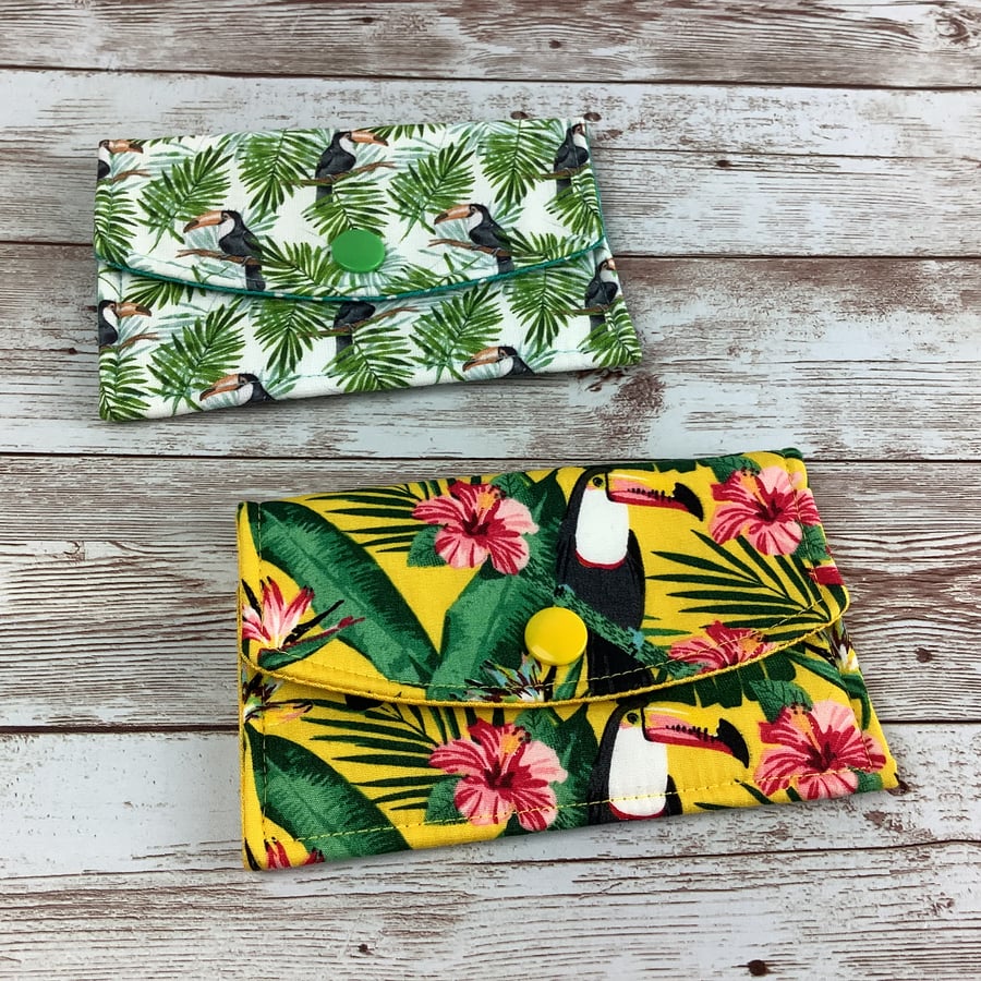 Toucans Card Case, Jungle travel pass holder, Fabric purse