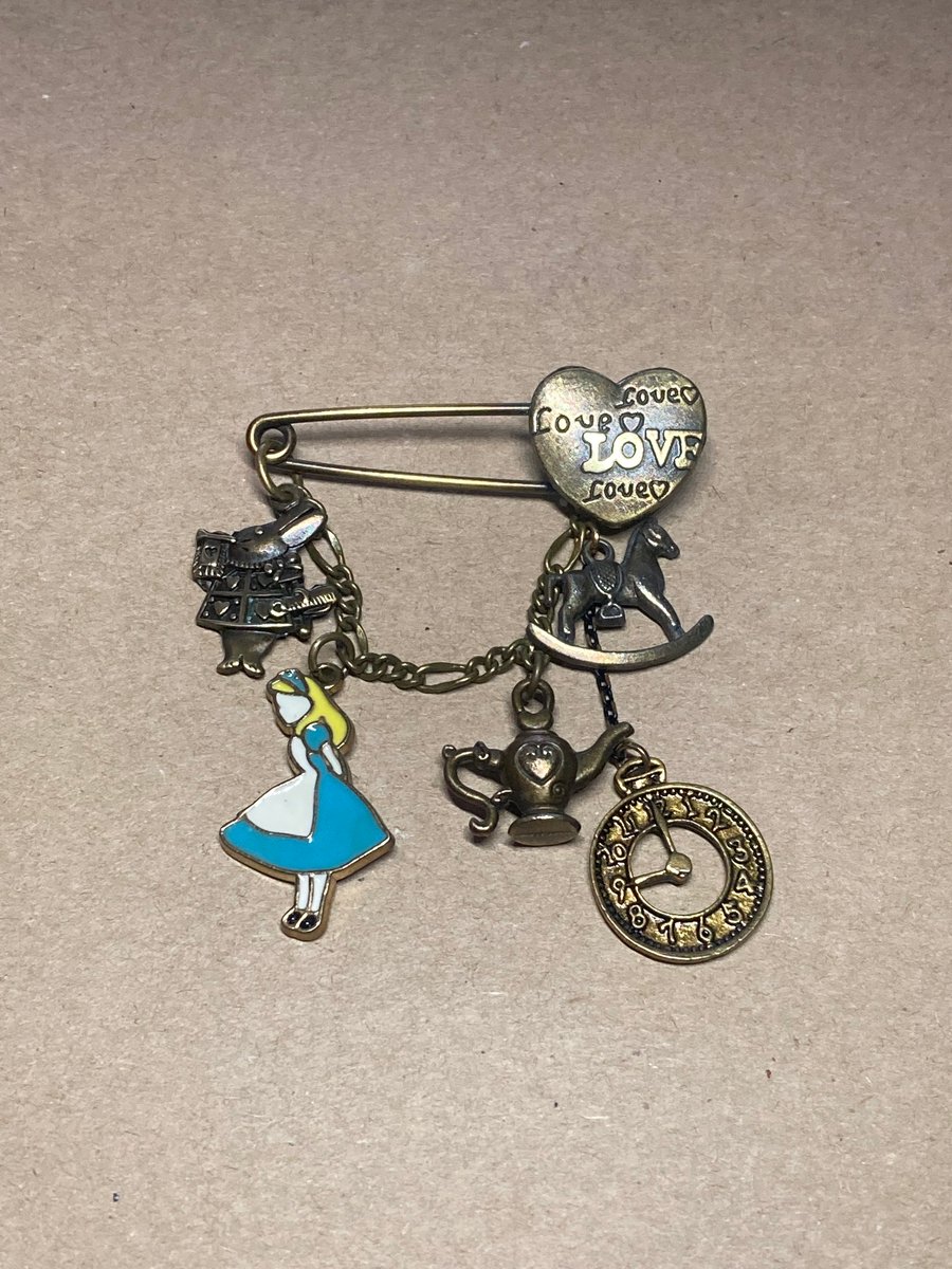 Upcycled Alice in Wonderland Themed Charms Handmade Heart Love Pin 