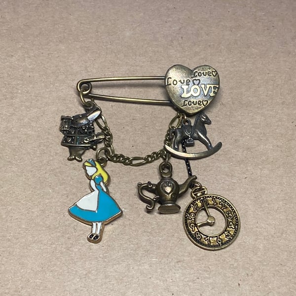 Upcycled Alice in Wonderland Themed Charms Handmade Heart Love Pin 