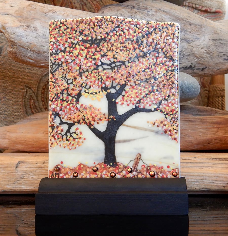 UNIQUE: Handmade Fused Glass 'AUTUMN TREE' Picture.