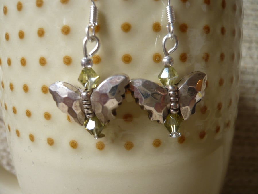 Tibetan Style Butterfly Earrings with tiny Green Beads