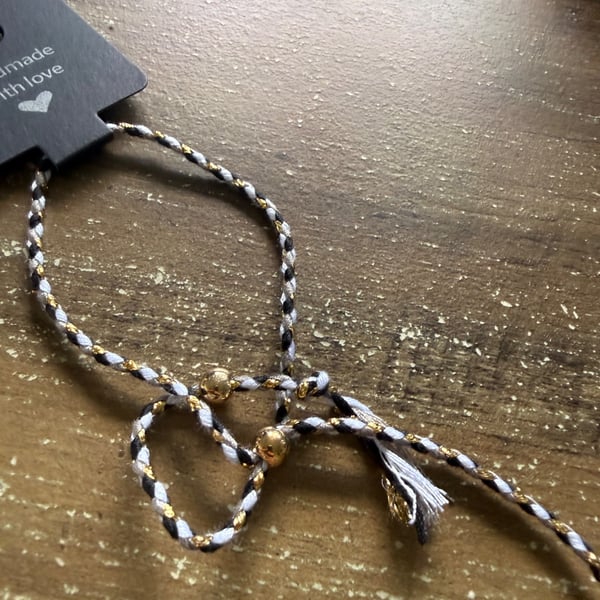 Handmade Black, White & Gold Braided Cord Bracelet