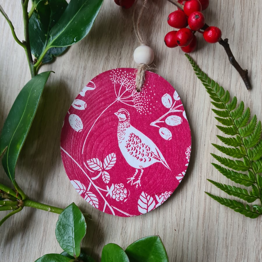Wood slice decoration decoupage partridge woodland hanging decoration home decor