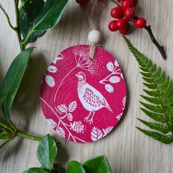 Wood slice decoration decoupage partridge woodland hanging decoration home decor