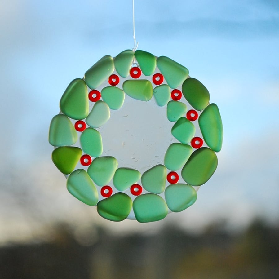 Christmas wreath beach glass sun catcher