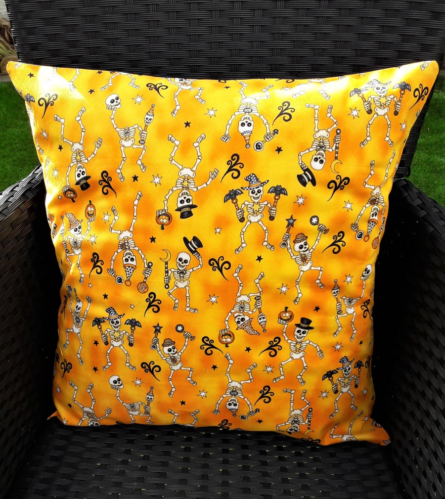 Halloween, gothic themed cushion cover with fun skeleton design