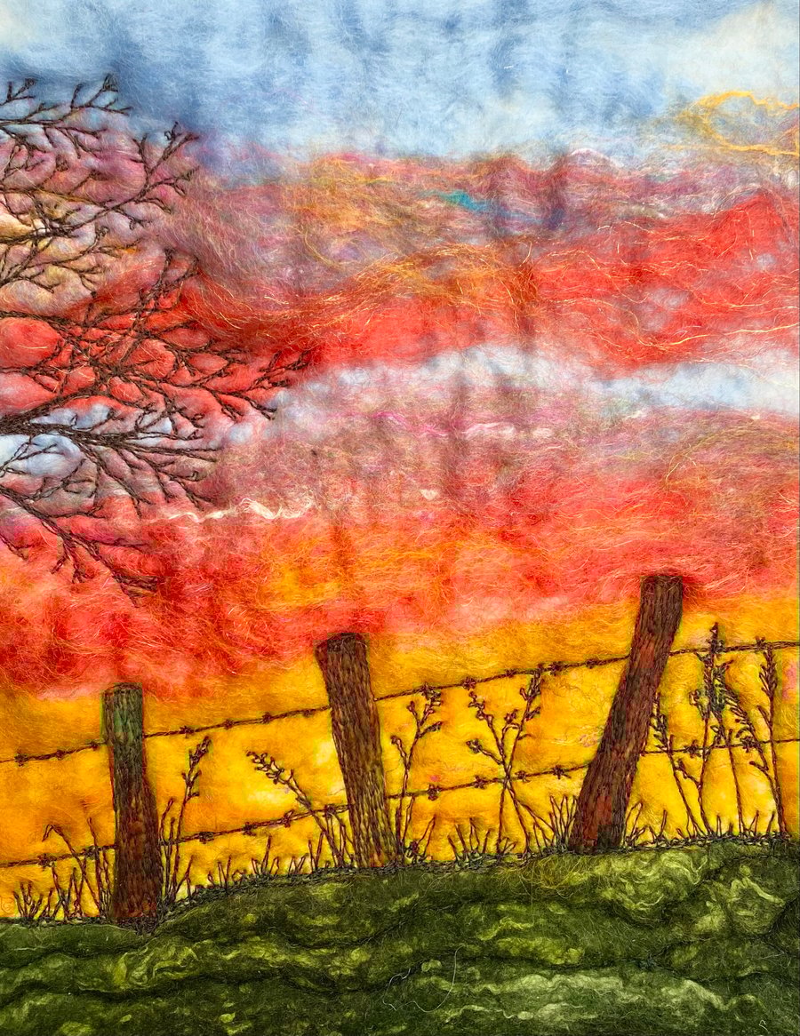 Sunrise behind a barbed wire fence original Artwork. 