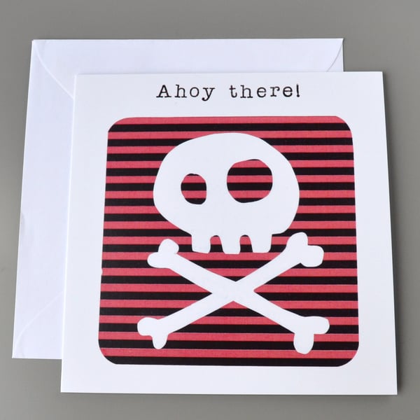 Ahoy There Skull and Crossbones on Red and Black Striped Background Blank Card