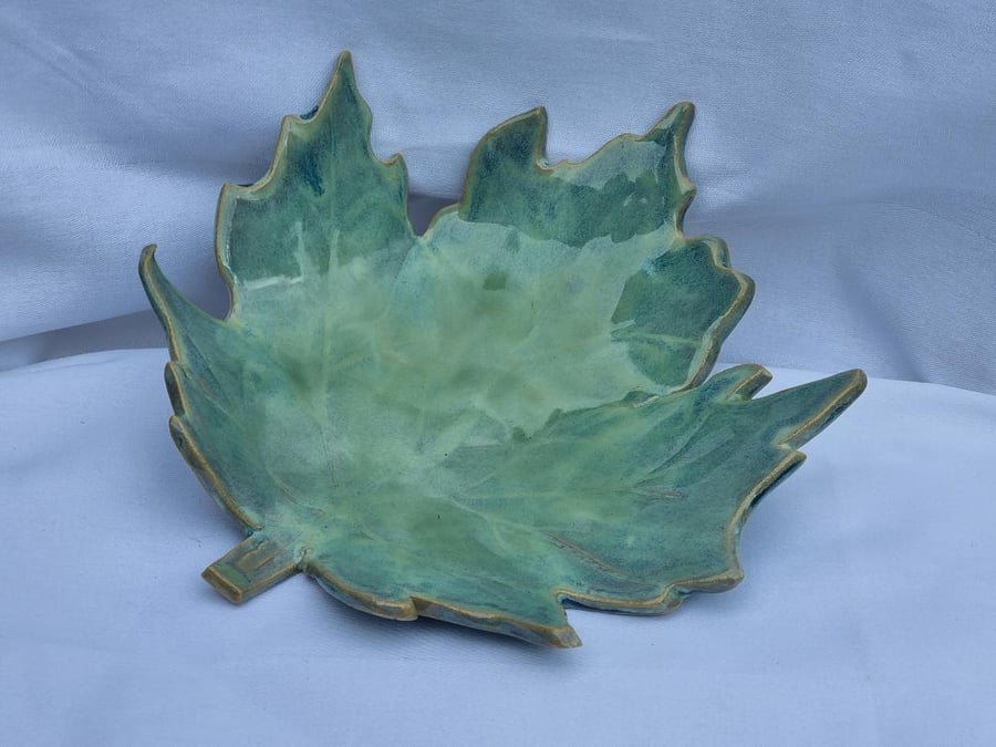 Handcrafted Ceramic Pottery Leaf Dish with Green Glaze
