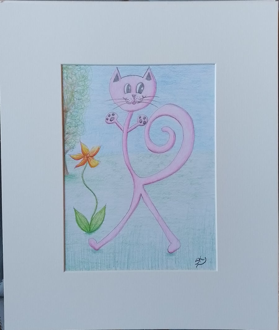 CrazyKytes Pink Cat 2 - Original Pencil Drawing in a cream mount