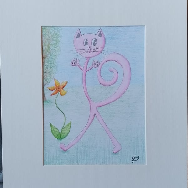 CrazyKytes Pink Cat 2 - Original Pencil Drawing in a cream mount