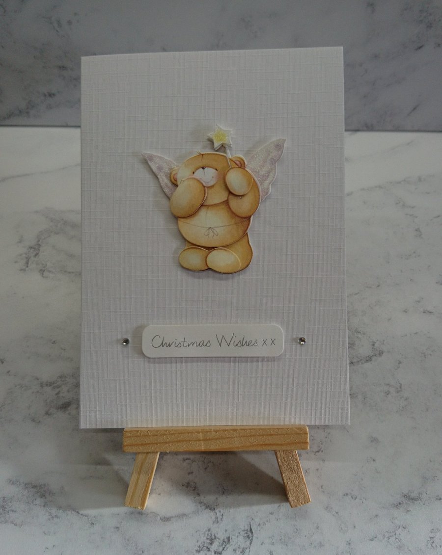 Handmade Christmas Card Christmas Wishes Teddy Bear Angel Wings Linen