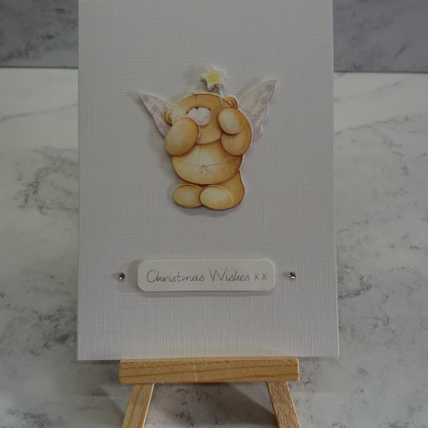 Handmade Christmas Card Christmas Wishes Teddy Bear Angel Wings Linen