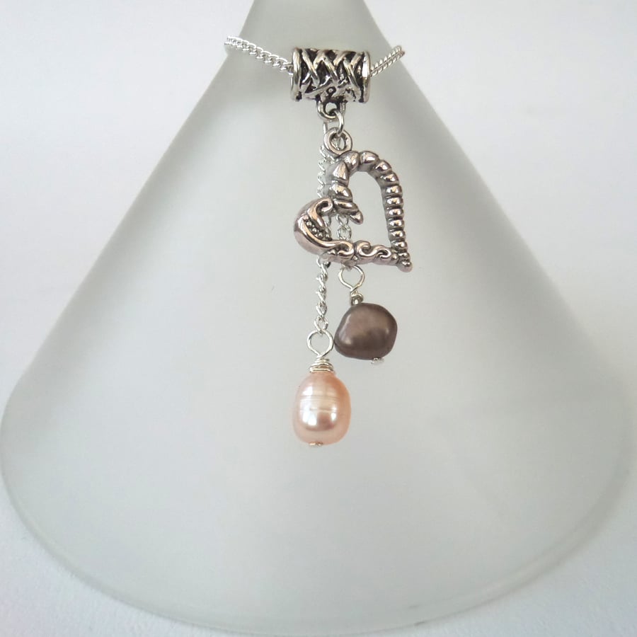 Peach and brown pearl necklace with heart charm