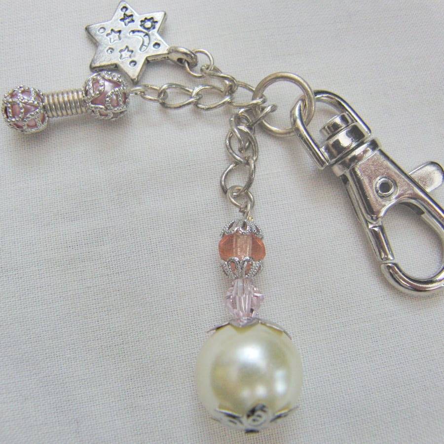 Silver Plated Hand Bag Charm with Star and Crystal and Pearl Bead Charms